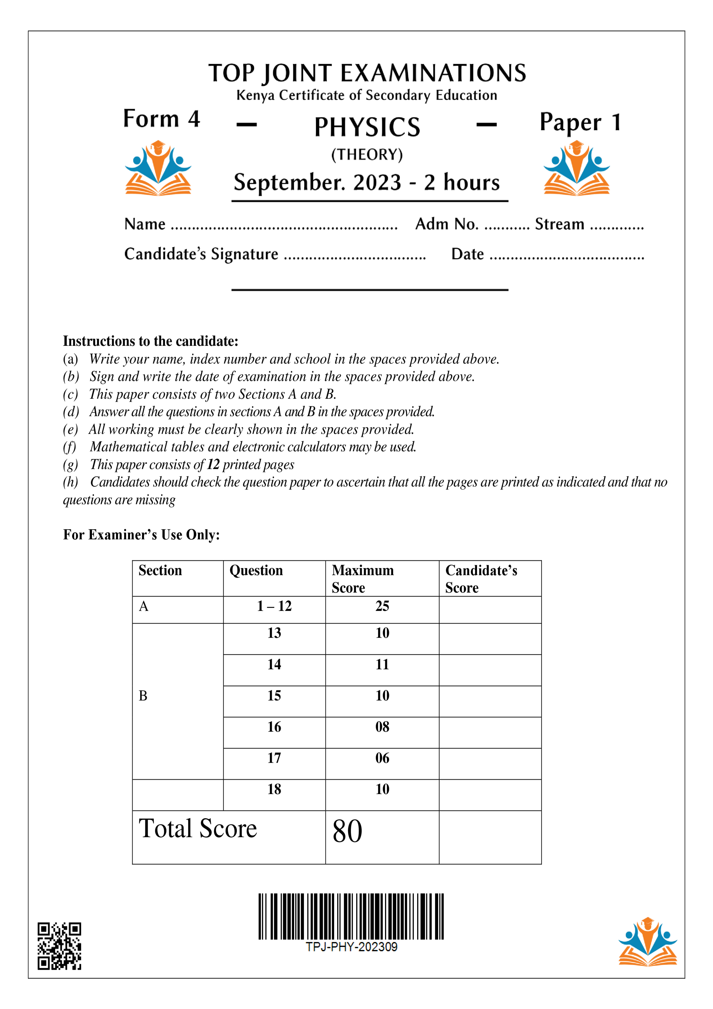 PHYSICS FORM 4 PAPER 1 OPENER TERM 3 2023