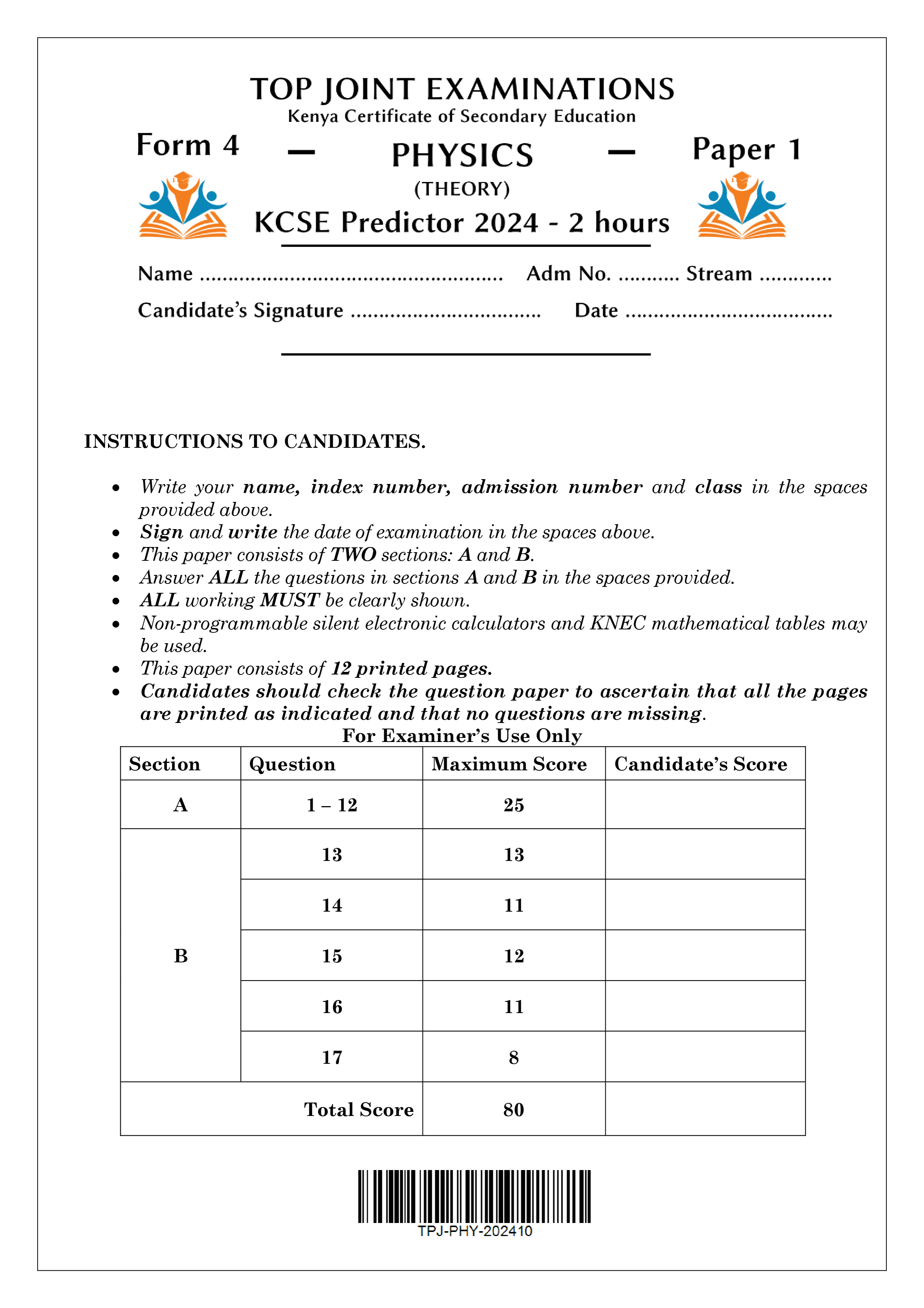 PHYSICS FORM 4 PAPER 1 KCSE POST MOCK 2024