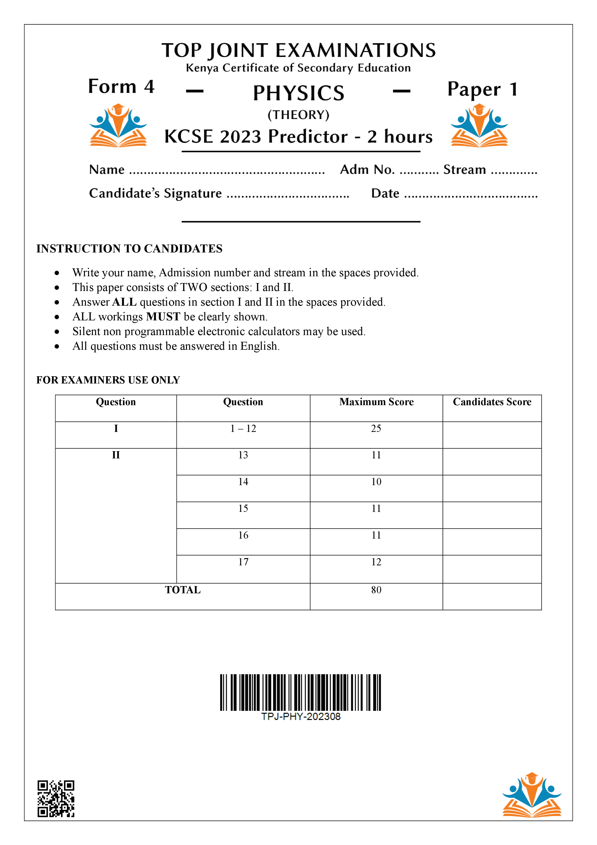 PHYSICS FORM 4 PAPER 1 END TERM 3 2023