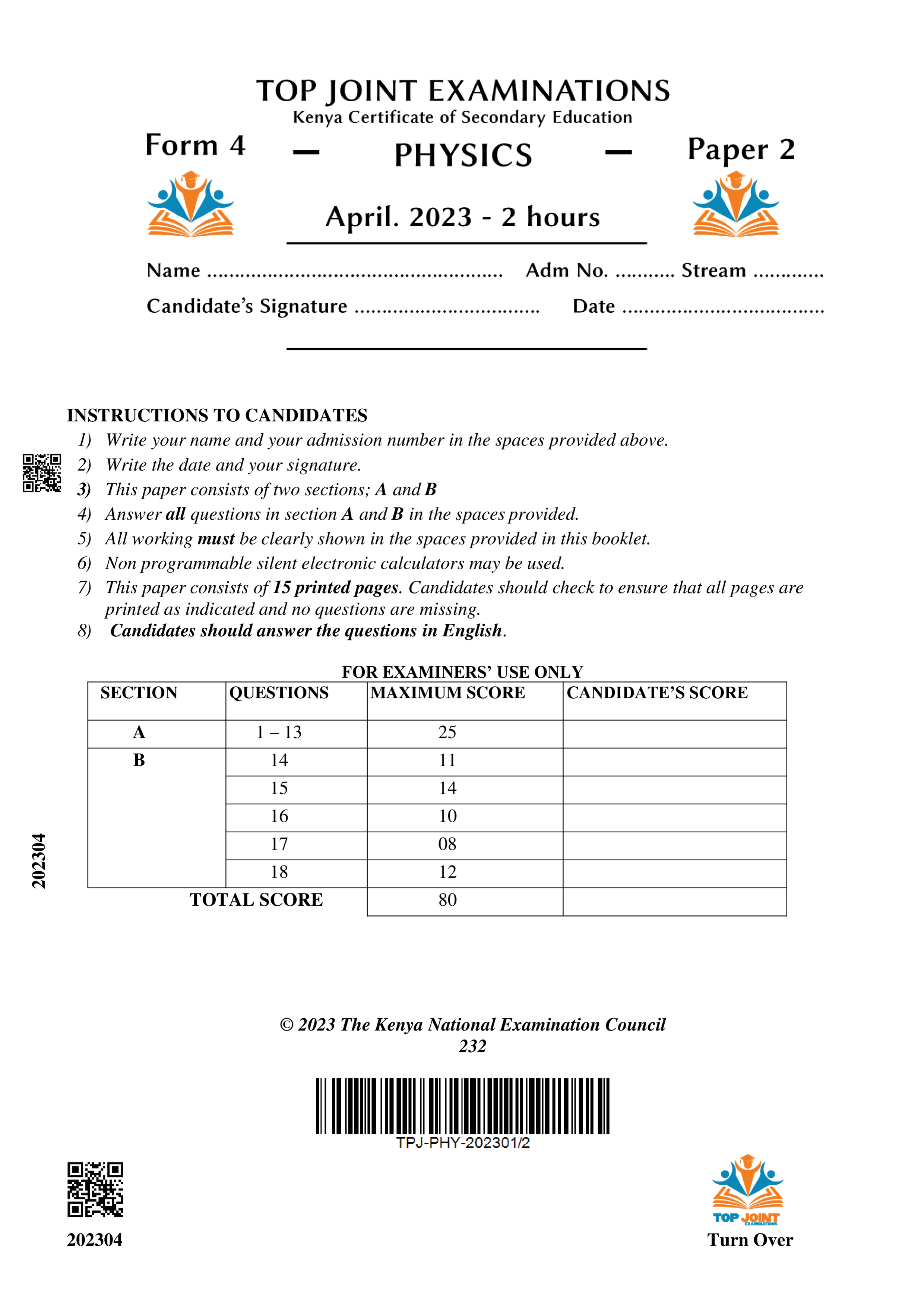 PHYSICS FORM 4 PAPER 2 END TERM 1 2023