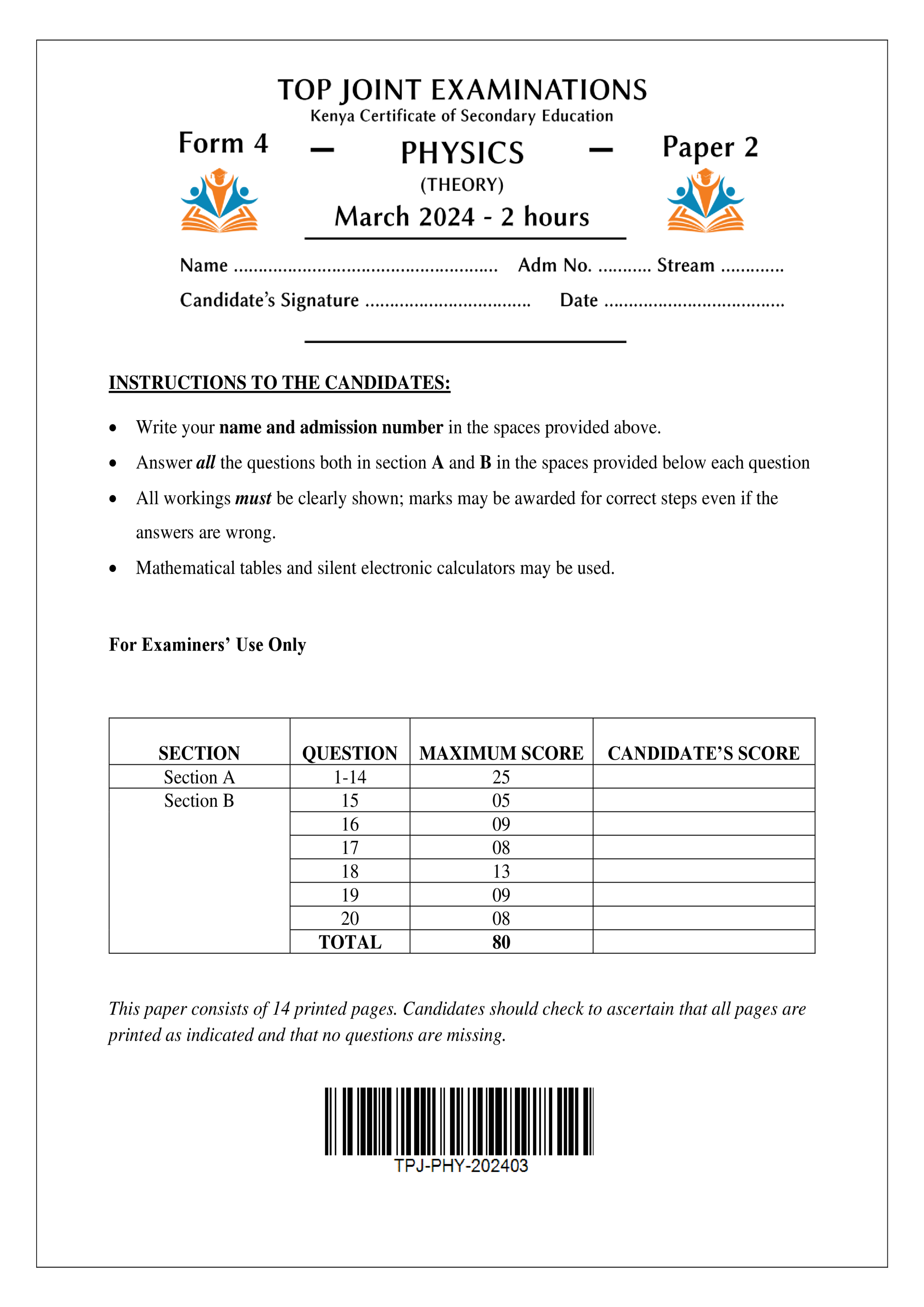 PHYSICS FORM 4 PAPER 2 END TERM 1 2024