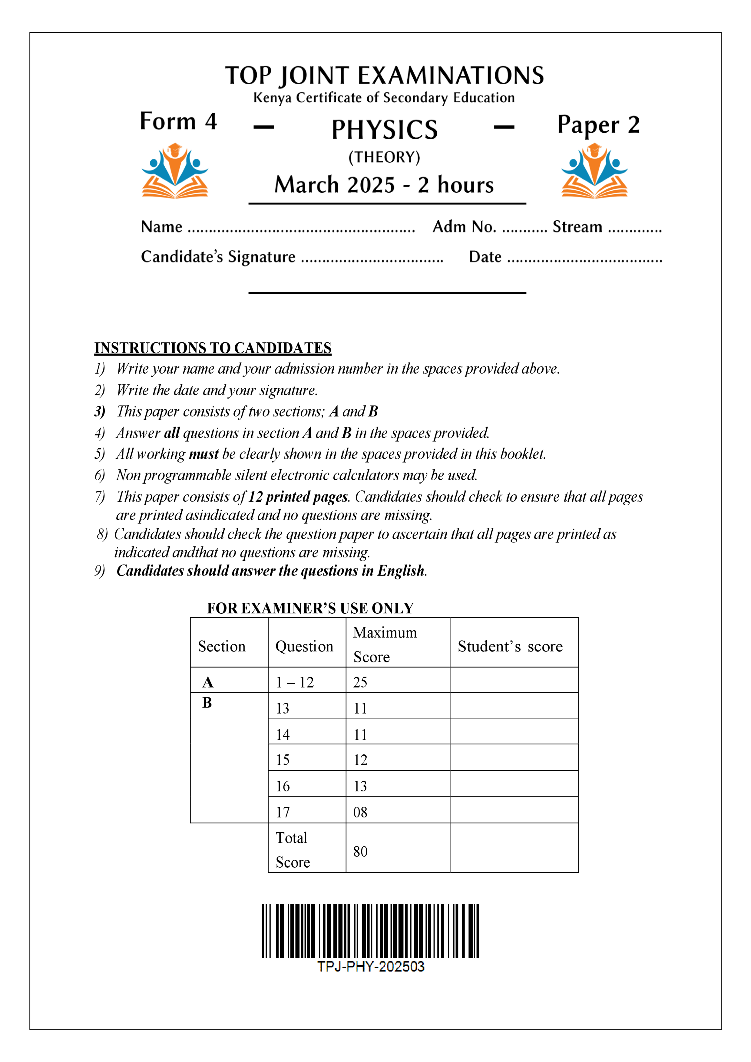 PHYSICS FORM 4 PAPER 2 END TERM 1 2025