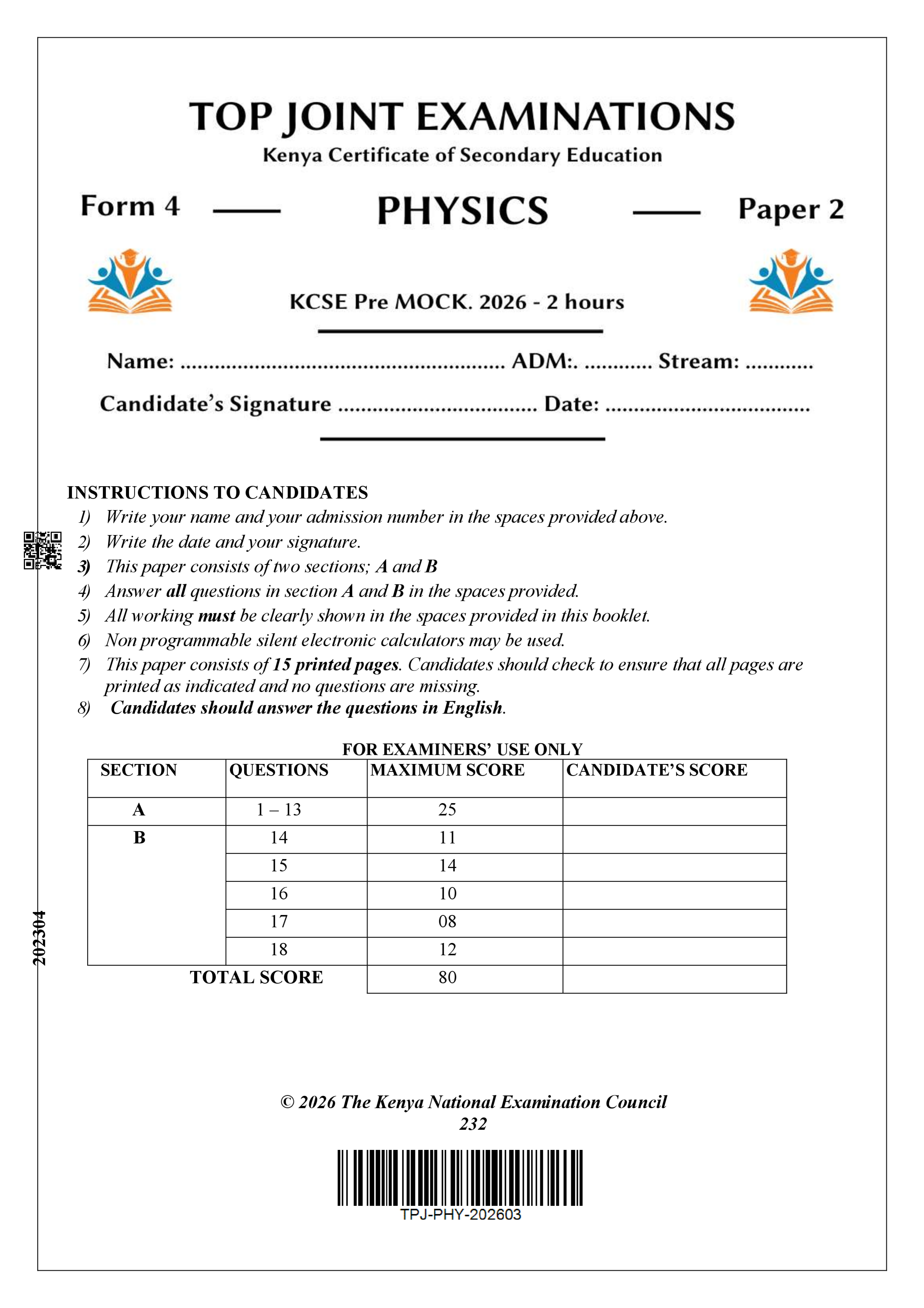 PHYSICS FORM 4 PAPER 2 END TERM 1 2026