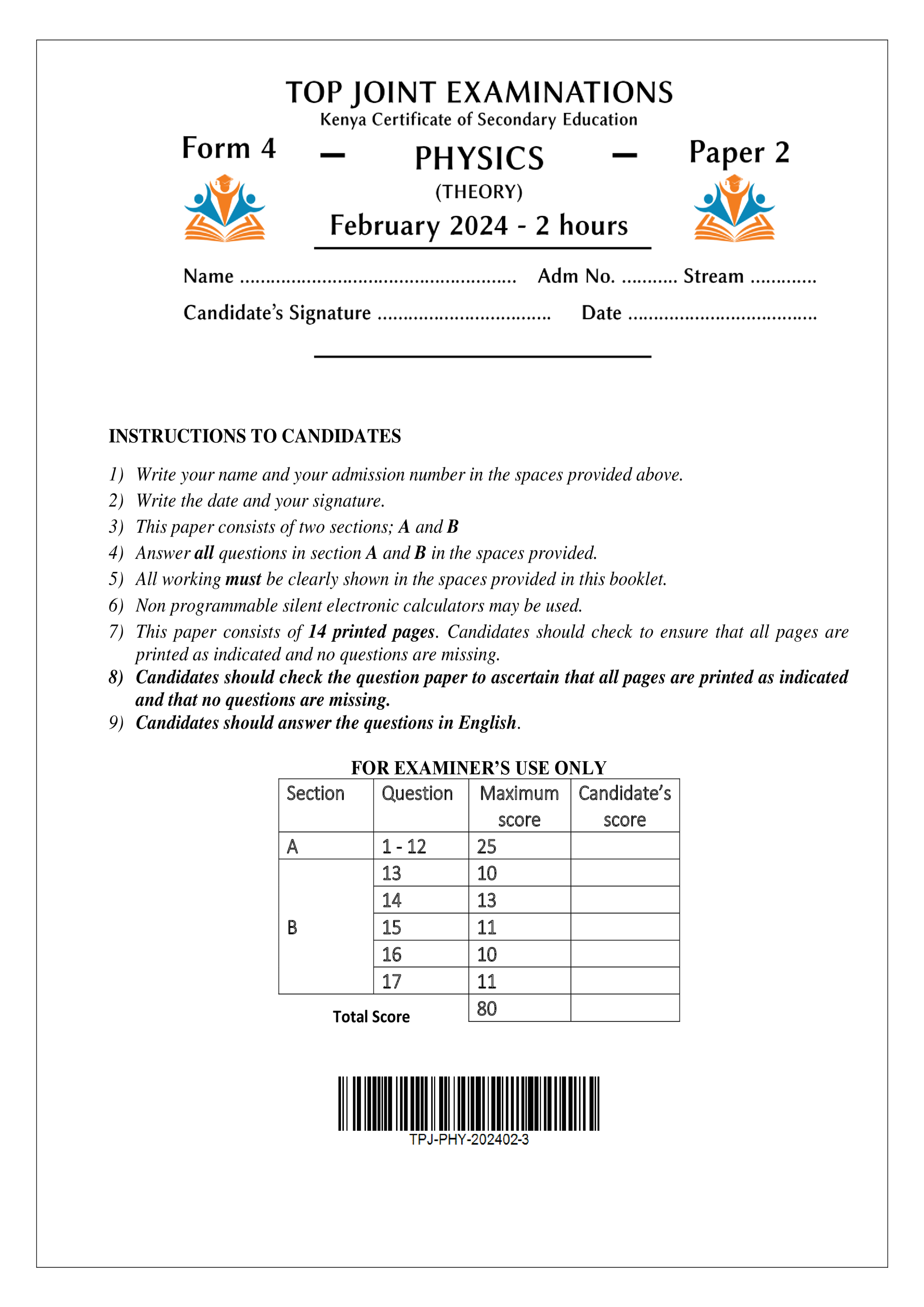 PHYSICS FORM 4 PAPER 2 MID TERM 1 2024