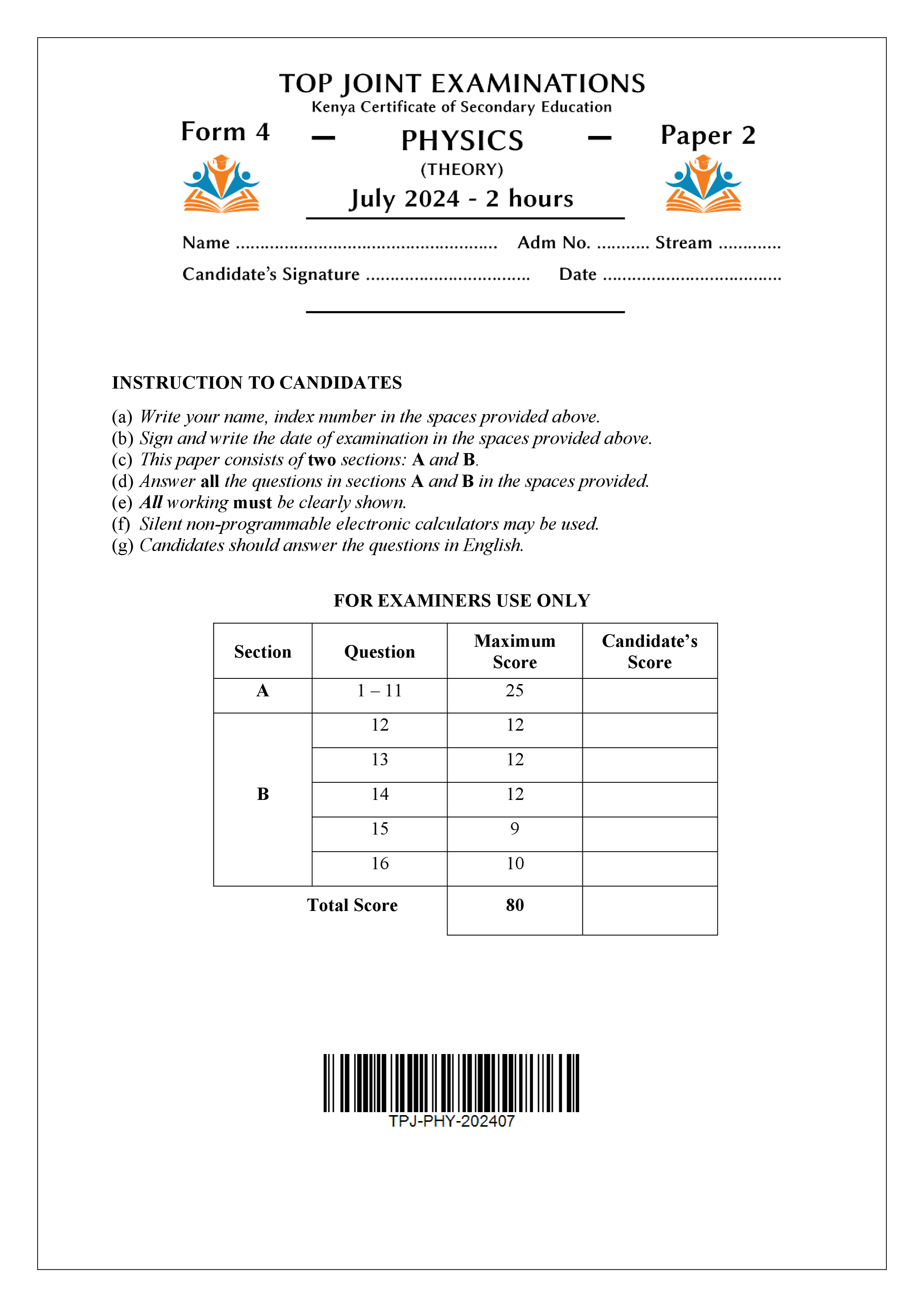 PHYSICS FORM 4 PAPER 2 KCSE MOCK 2024