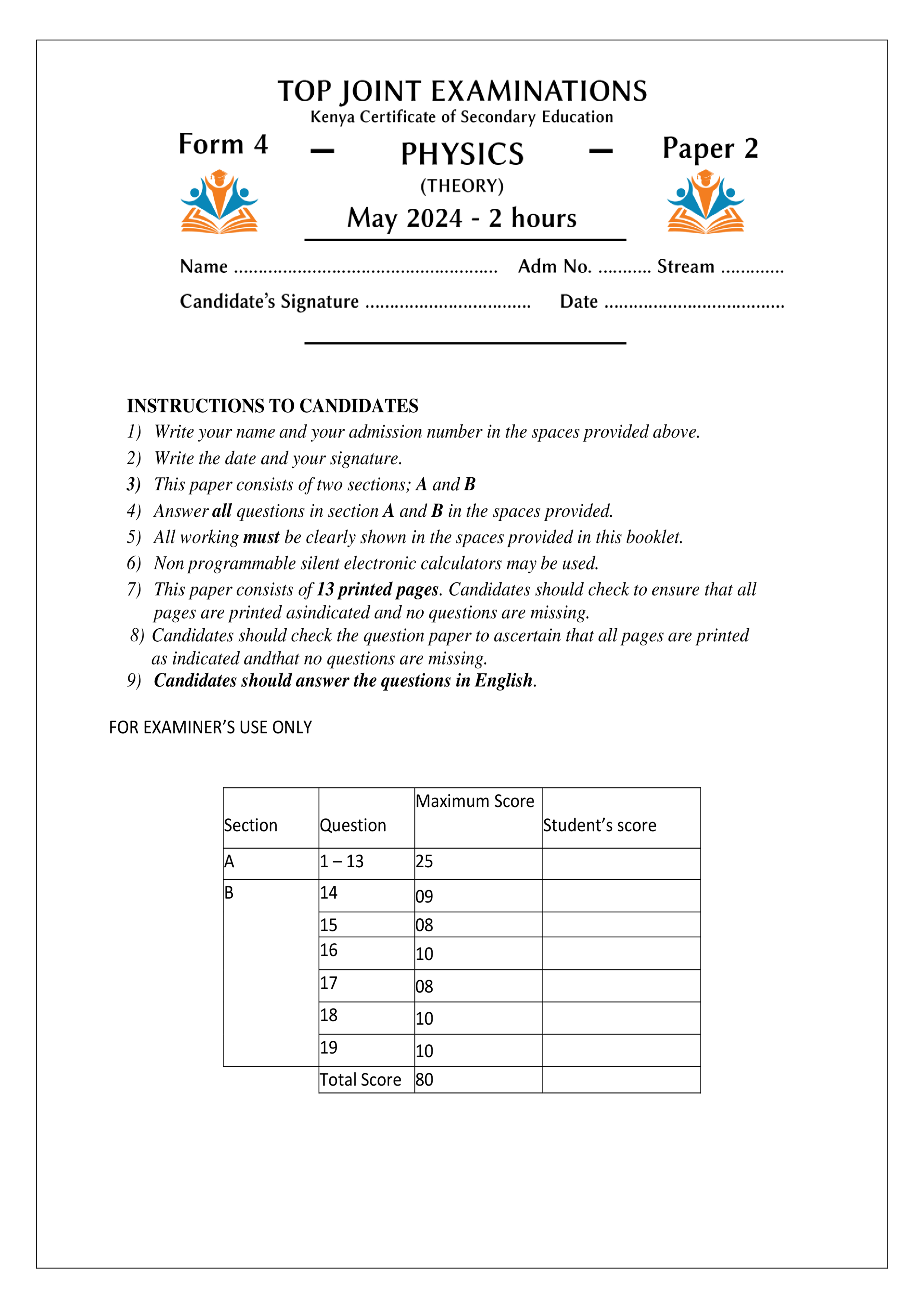PHYSICS FORM 4 PAPER 2 OPENER TERM 2 2024