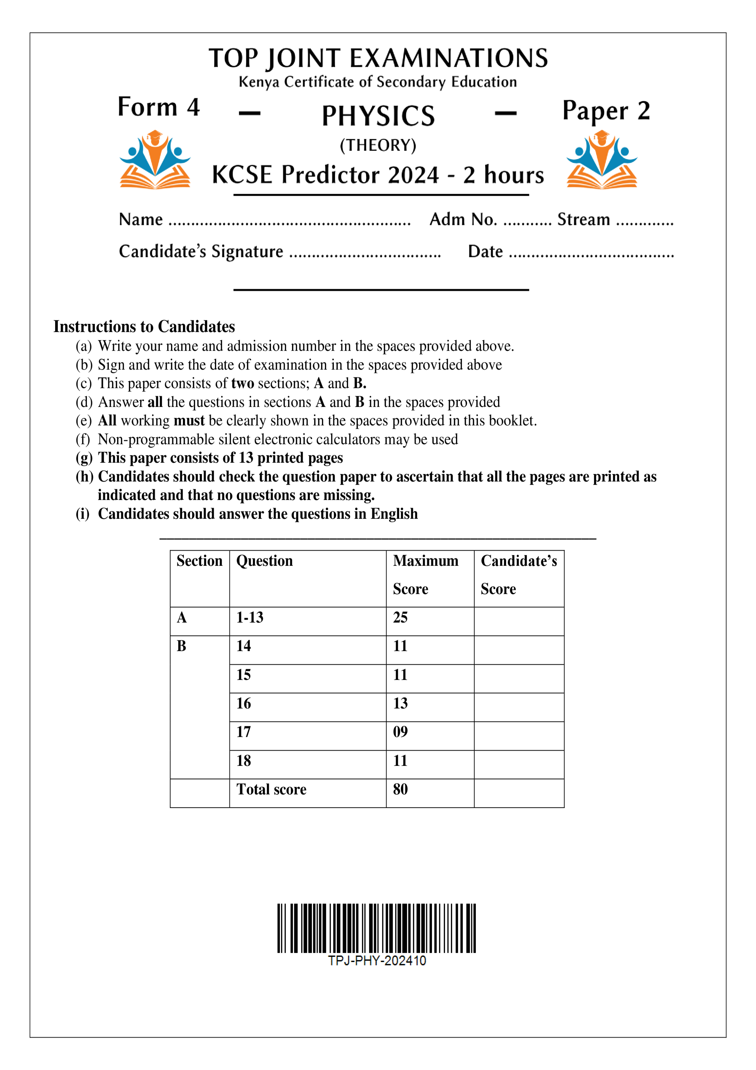 PHYSICS FORM 4 PAPER 2 KCSE POST MOCK 2024