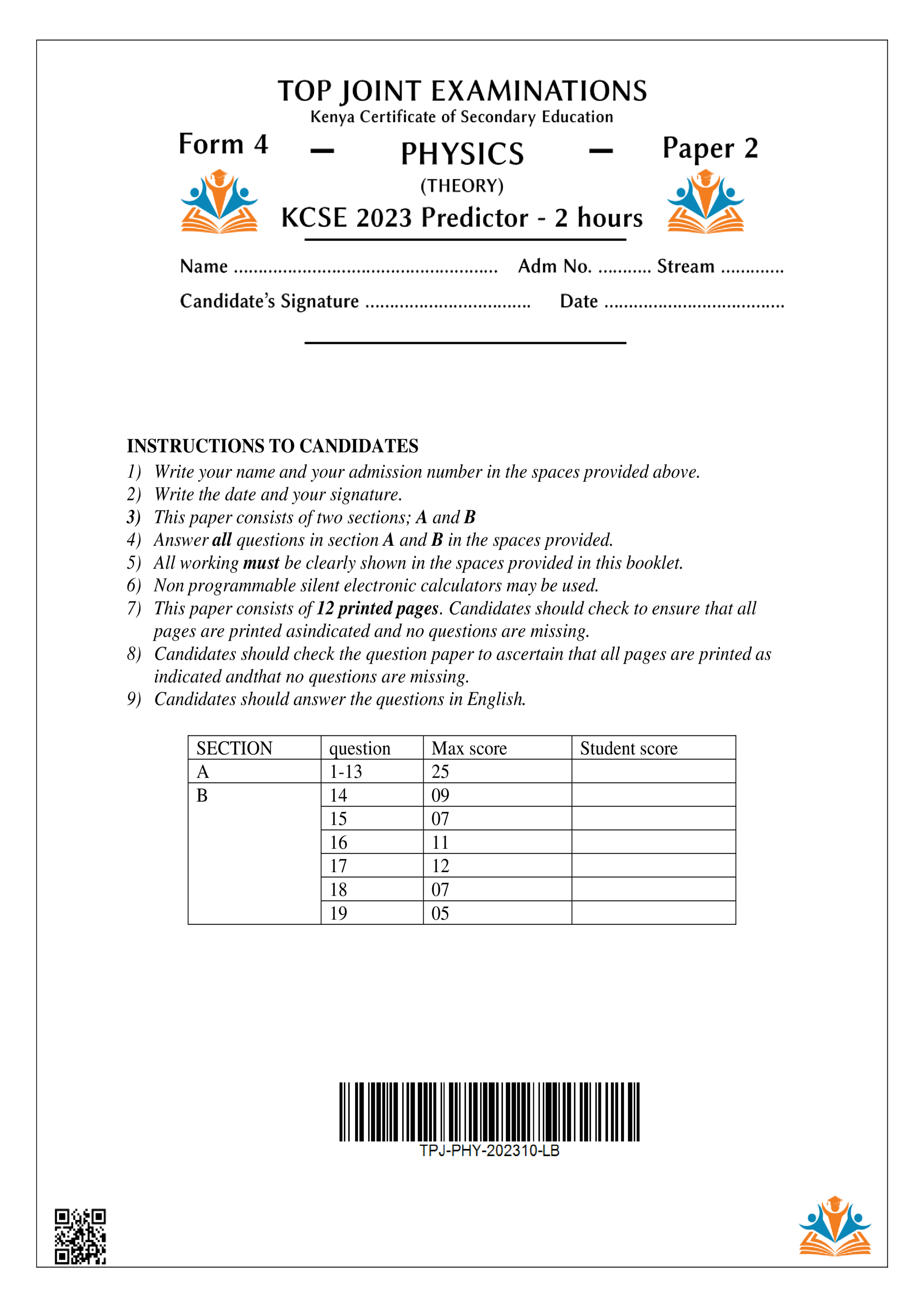 PHYSICS FORM 4 PAPER 2 END TERM 3 2023