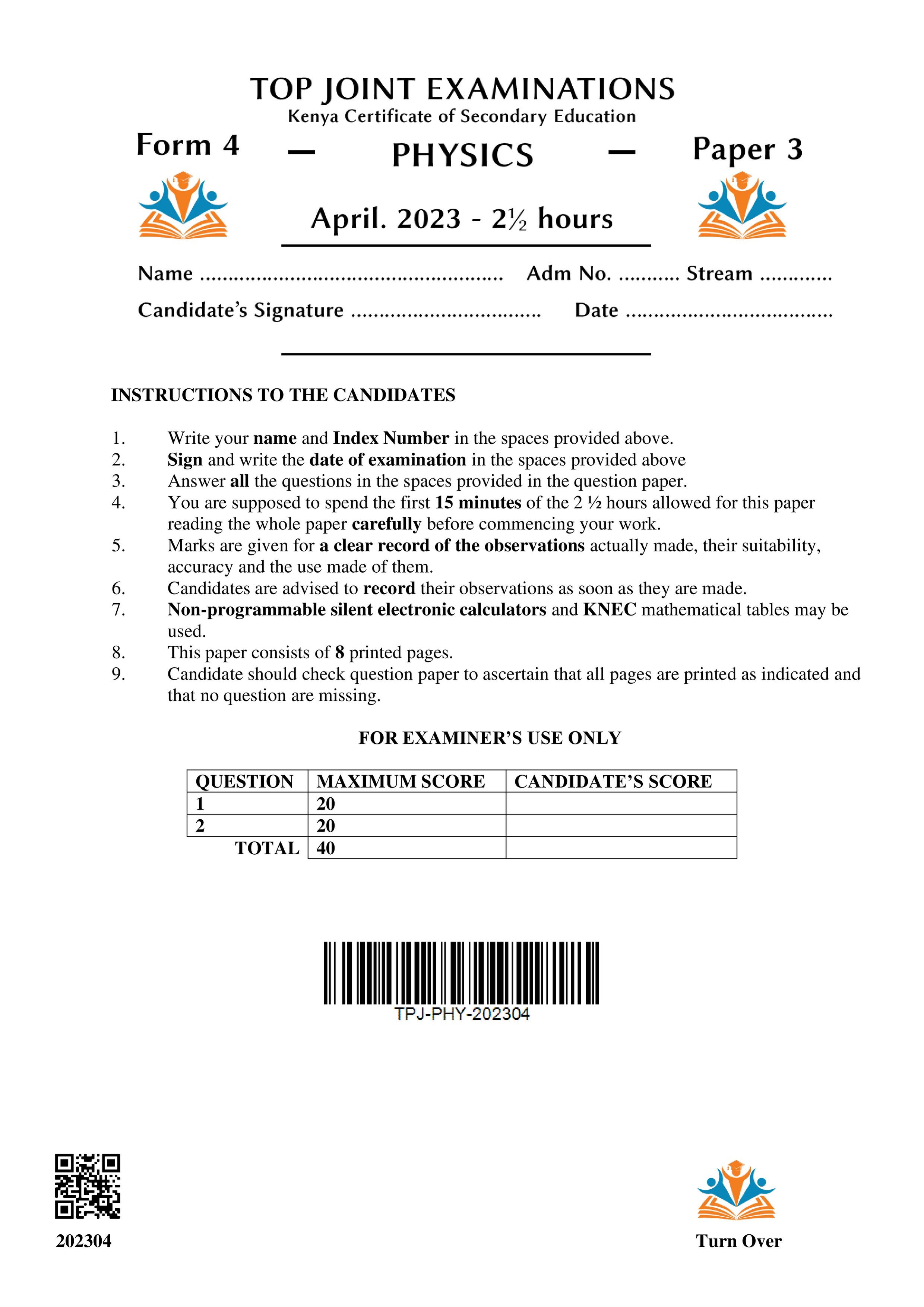 PHYSICS FORM 4 PAPER 3 END TERM 1 2023