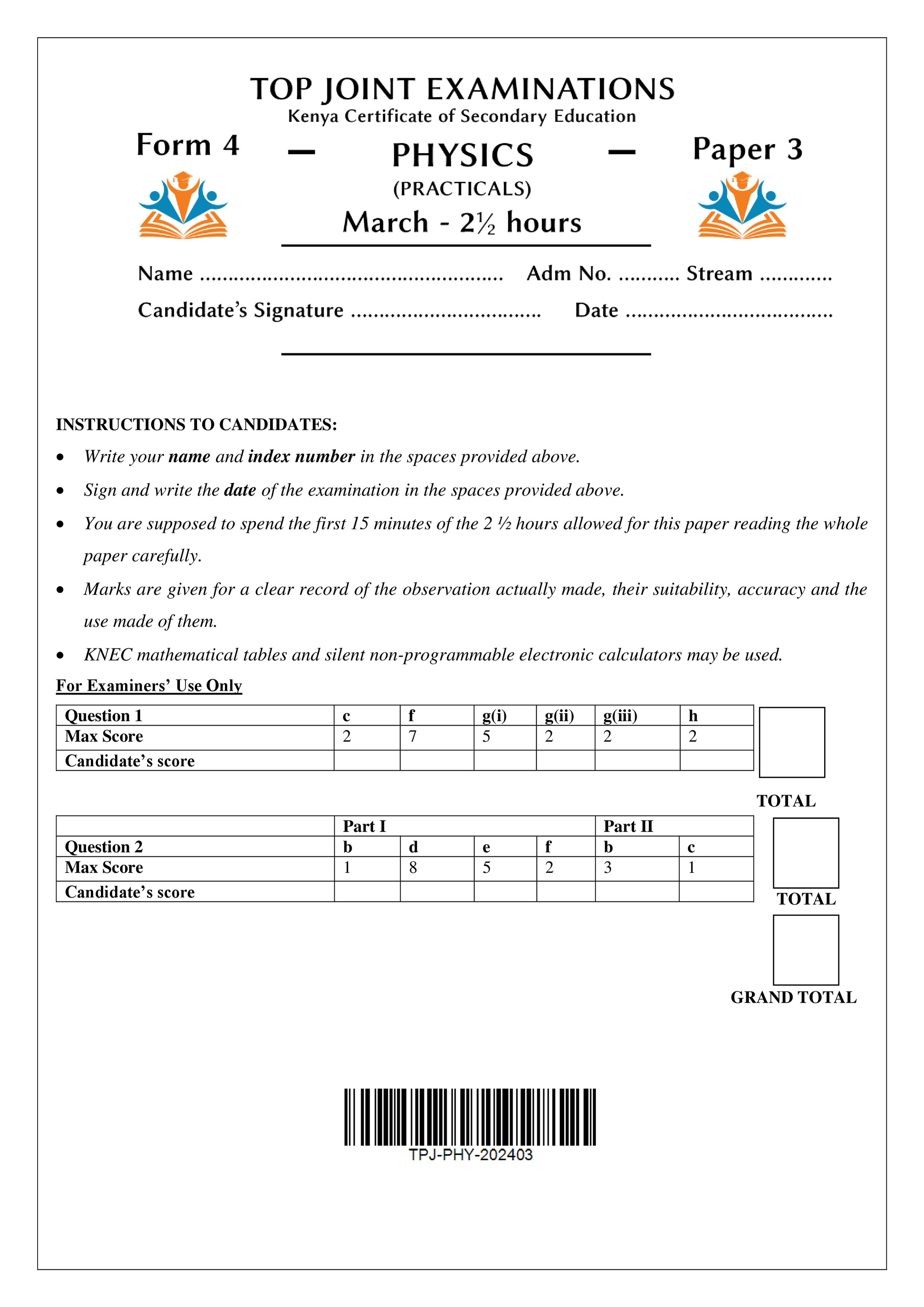 PHYSICS FORM 4 PAPER 3 END TERM 1 2024