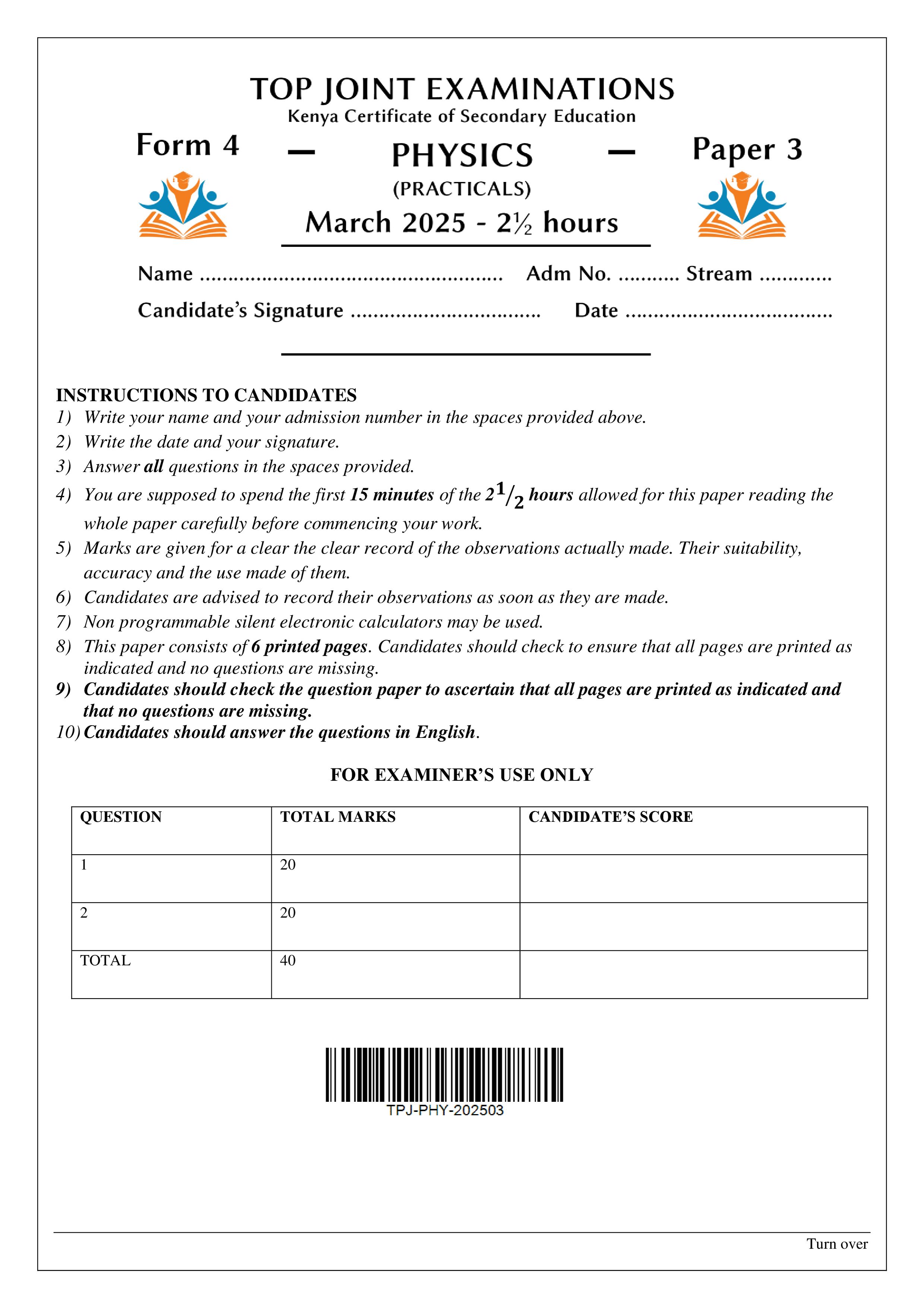 PHYSICS FORM 4 PAPER 3 END TERM 1 2025