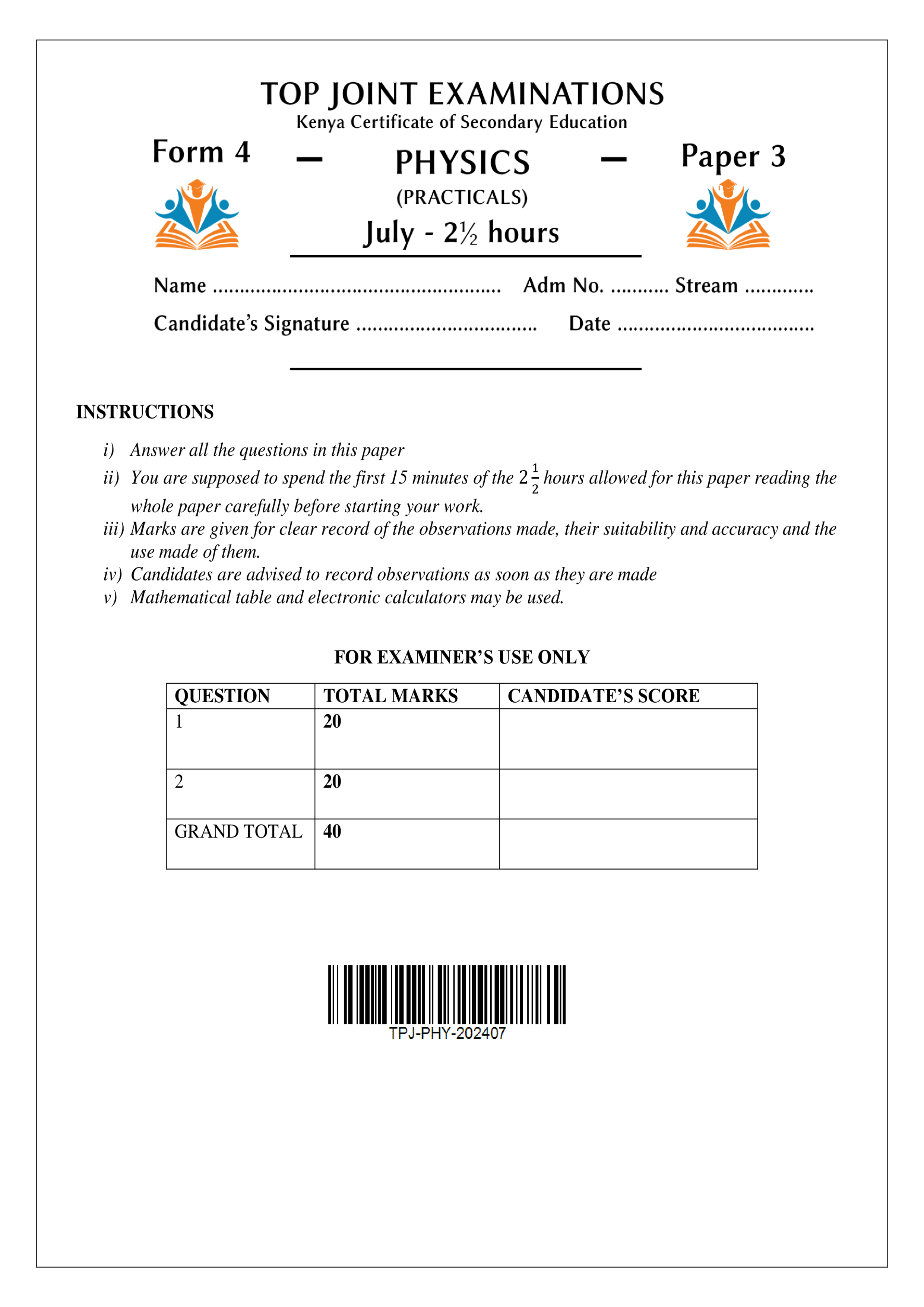 PHYSICS FORM 4 PAPER 3 KCSE MOCK 2024