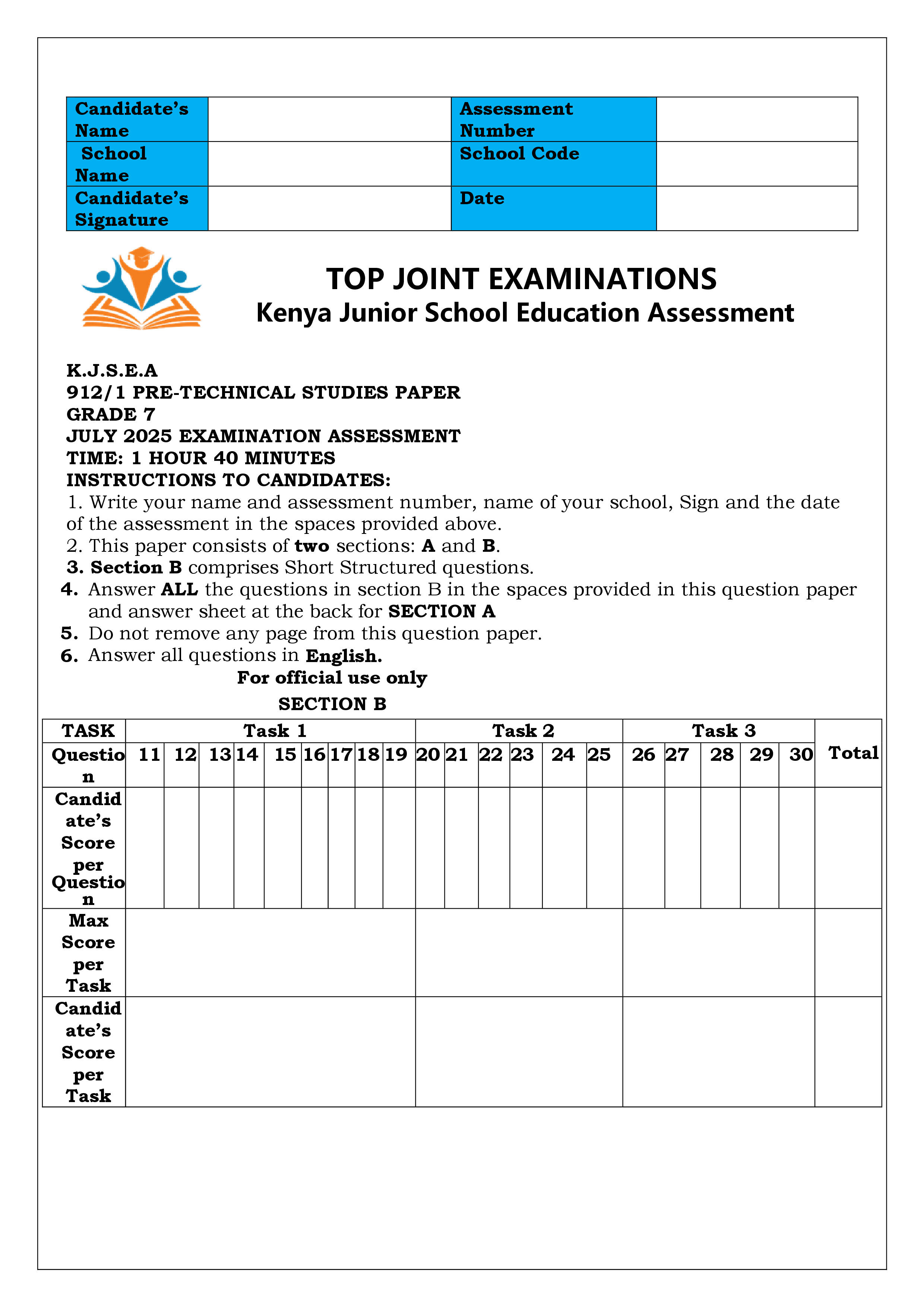 PRE-TECHNICAL STUDIES GRADE 7 END TERM 2 2025