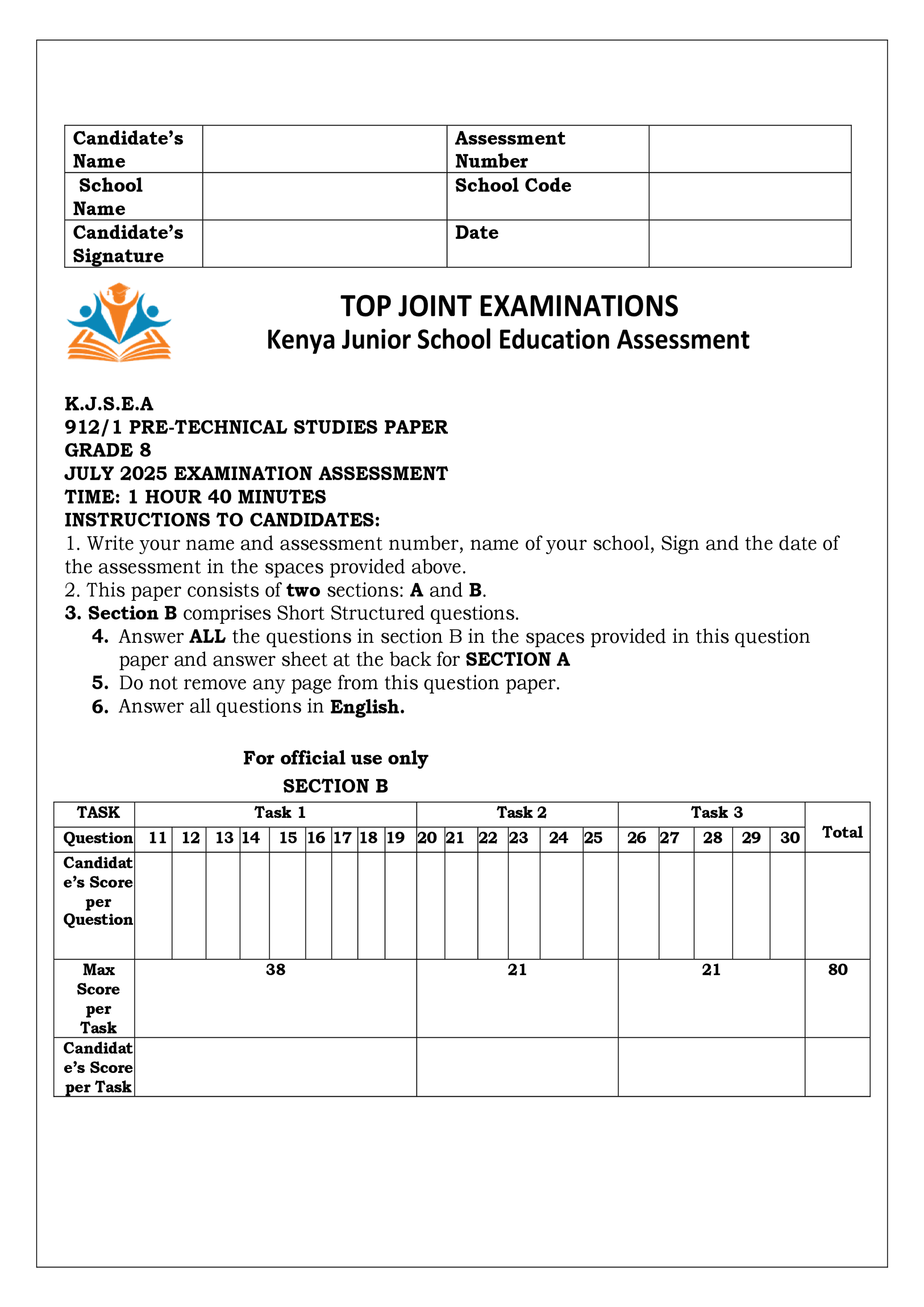 PRE-TECHNICAL STUDIES GRADE 8 END TERM 2 2025