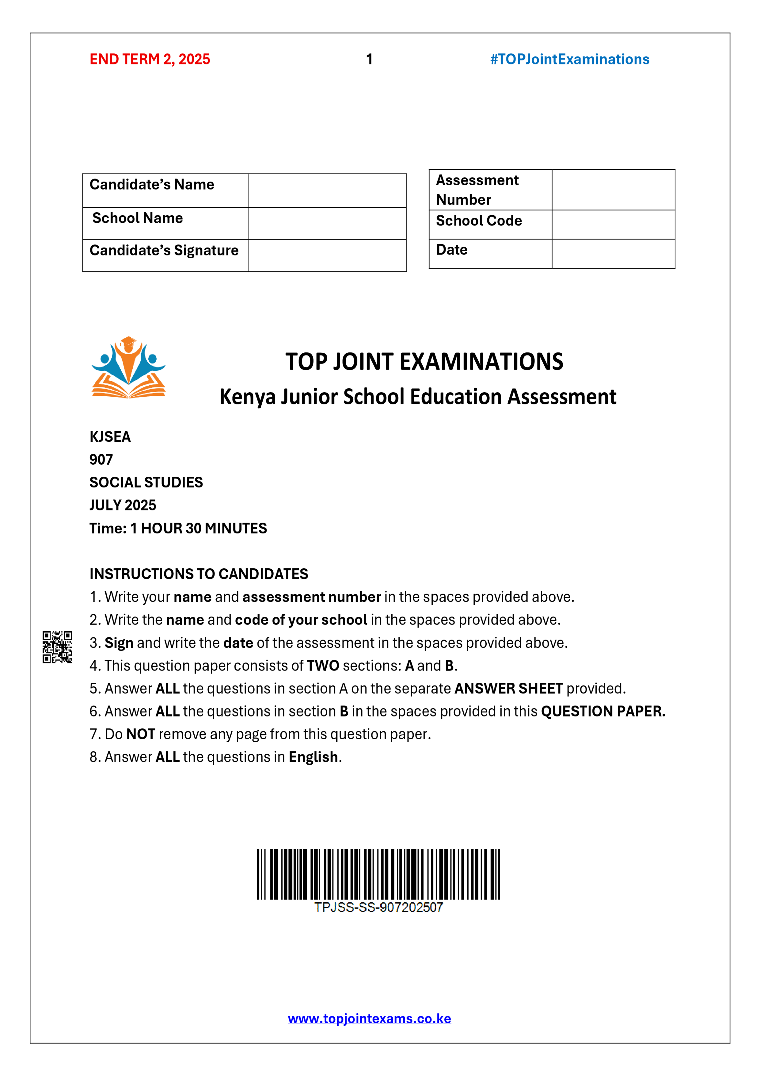 SOCIAL STUDIES GRADE 7 END TERM 2 2025