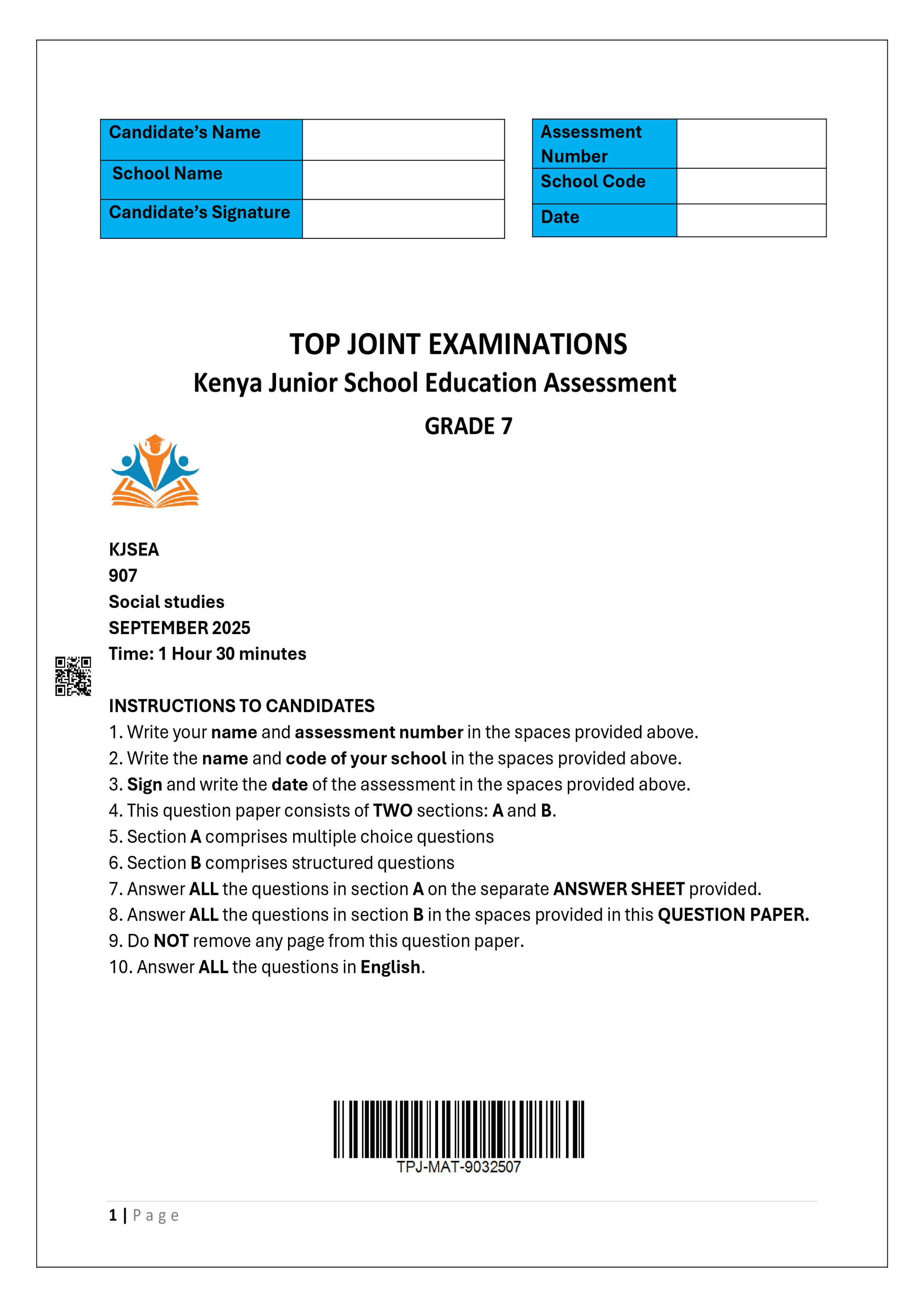 SOCIAL STUDIES GRADE 7 MID/END TERM 3 2025