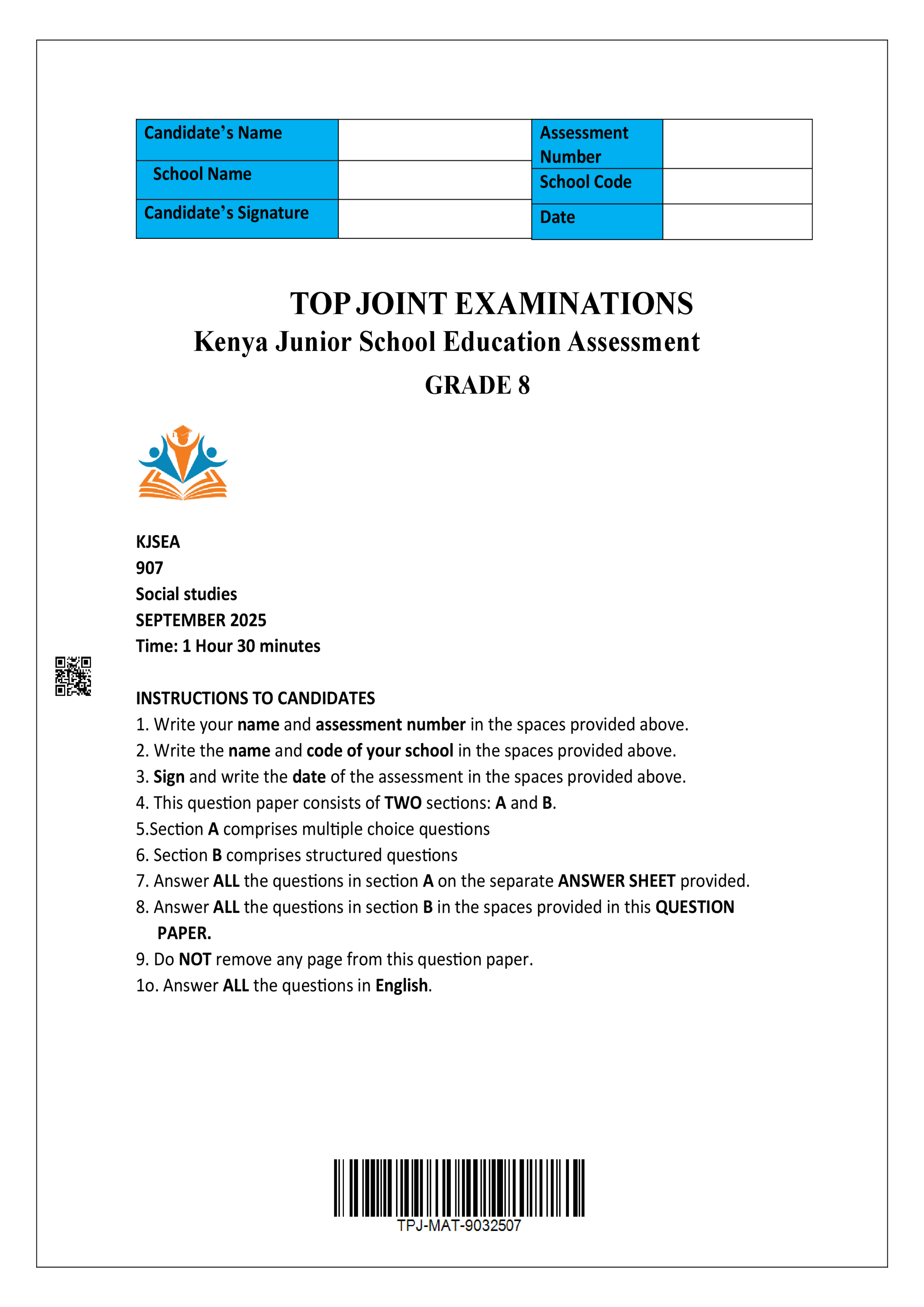 SOCIAL STUDIES GRADE 8 MID/END TERM 3 2025